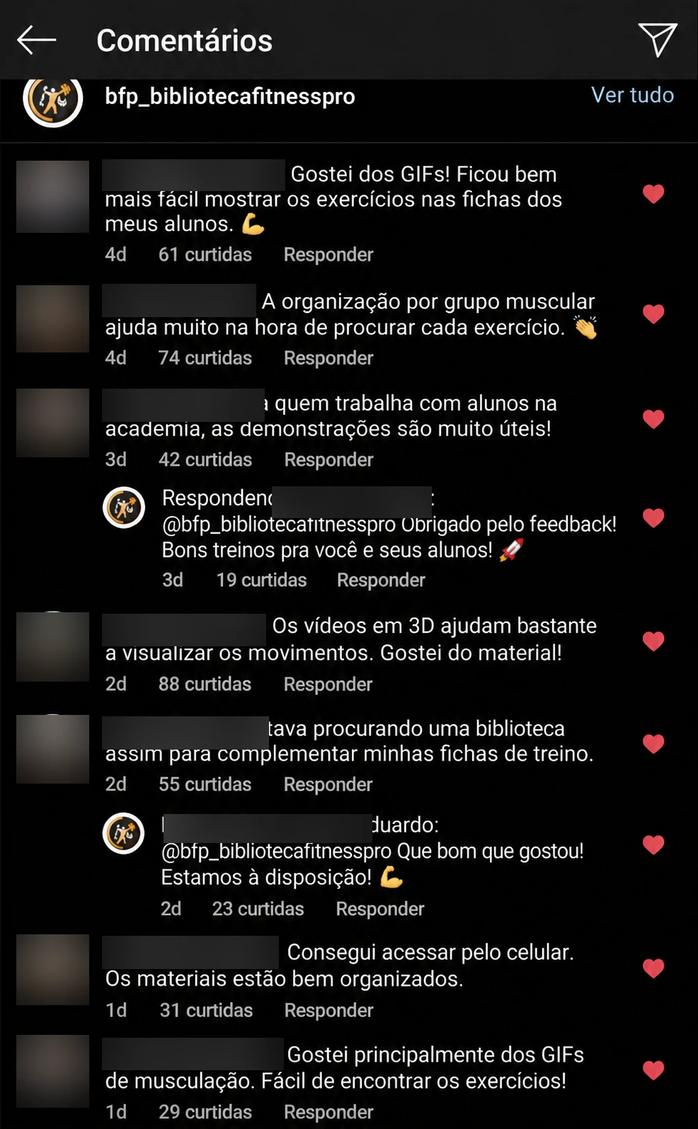 Comentários no Instagram sobre a Biblioteca Fitness Pro